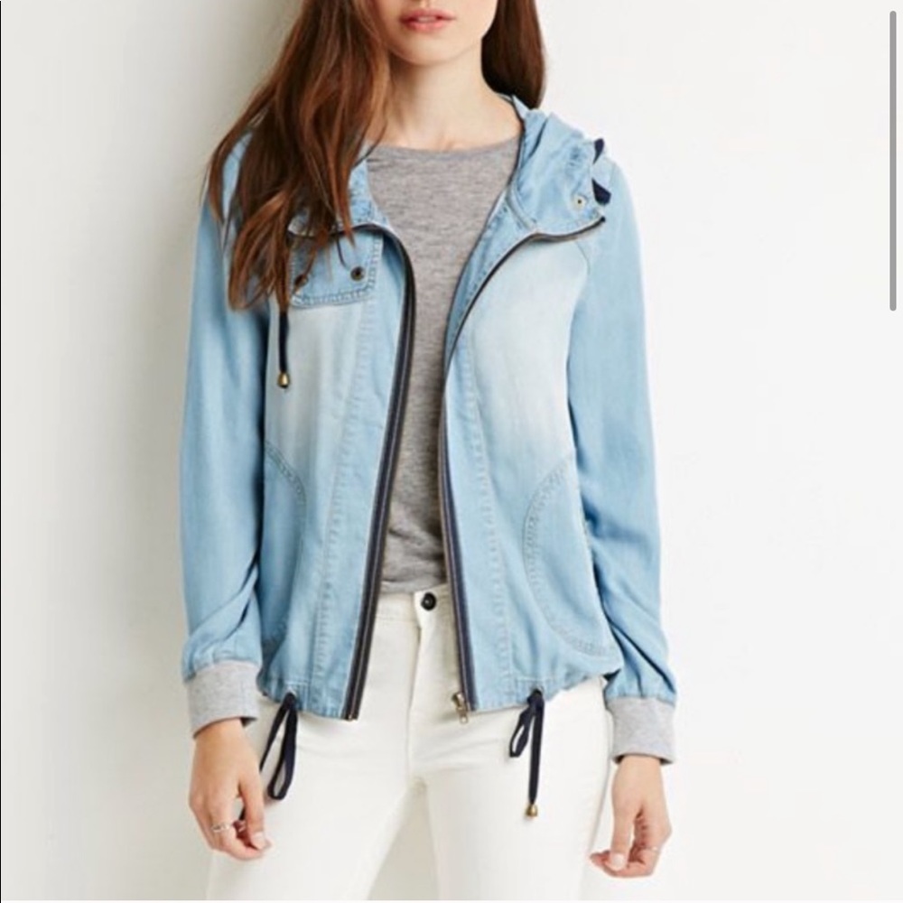 Forever 21 Life Progress Chambray Hooded Jacket S